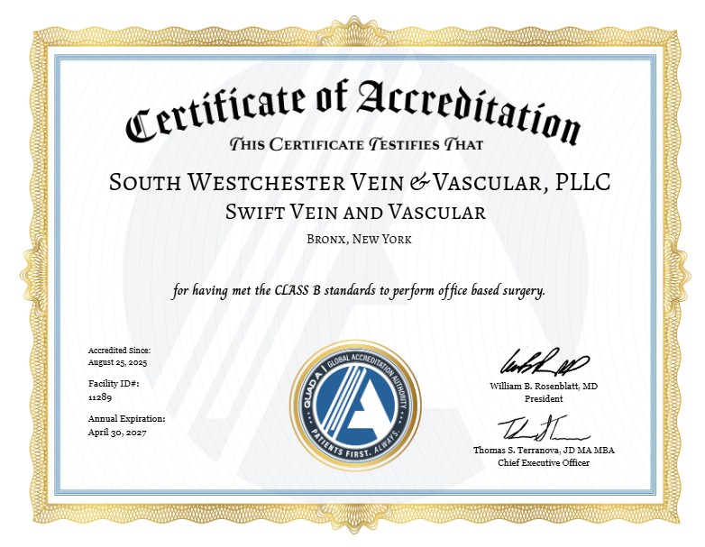 An image of Swift Vein and Vacular's Certificae of Accreditation.